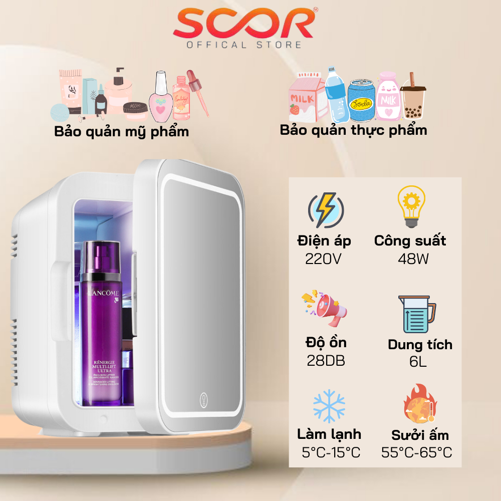 Tủ Lạnh Mini Cao Cấp Trang Bị Mặt Gương Đèn Led Với Dung Tích 6L, Hâm Sữa Đựng Mỹ Phẩm, Tiết kiệm Điện Và Không Gian