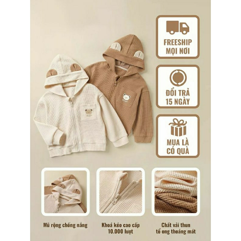 Hot trend 2023 | Áo khoác Gấu Bear 2 màu chất tổ ong mềm mịn thoáng mát cho bé 8-18kg