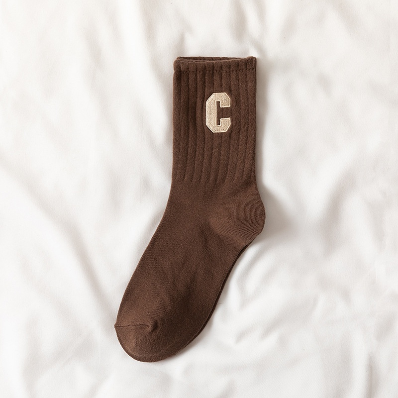 Sét 5 đôi tất cổ cao nữ họa tiết chữ C, vớ cổ cao chất liệu vải cotton mềm mịn