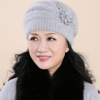 Mũ nồi len lông thỏ gắn hoa đơn phong cách Hàn cho người lớn tuổi, nón len nữ cao cấp