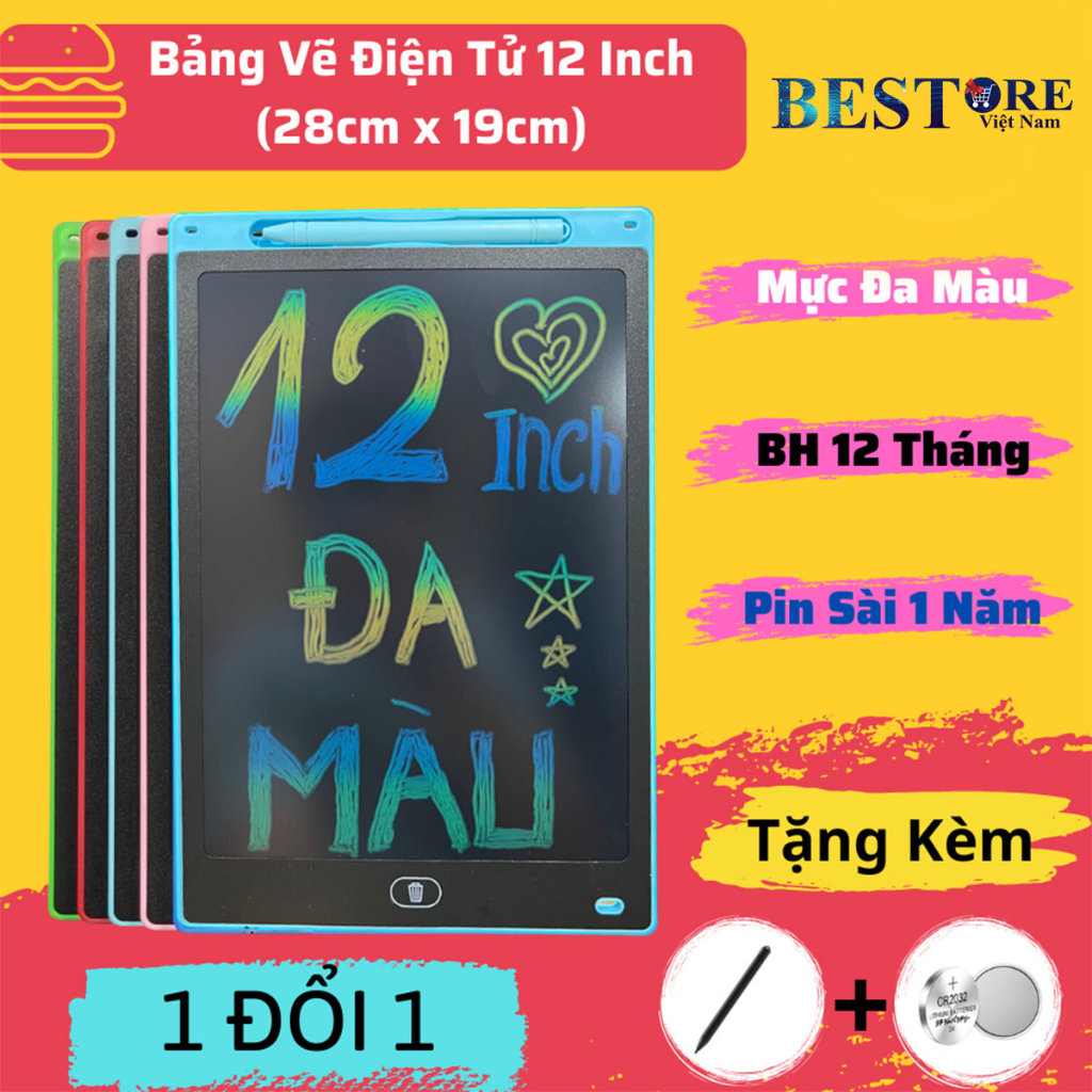 Bảng vẽ điện tử tự xóa thông minh cho bé màn hình LCD loại to 12 inch mực viết đa màu