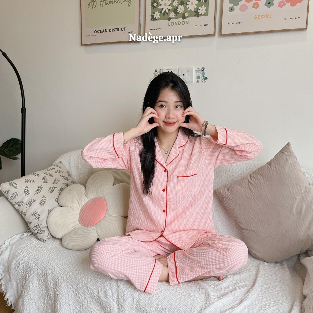 𝐏𝐢𝐧𝐤𝐲 𝐂𝐚𝐫𝐨 𝐏𝐲𝐣𝐚𝐦𝐚𝐬 🍑 Bộ ngủ, pyjamas kẻ caro chất đũi thun mát mẻ, thoáng mát - Nadege.apr