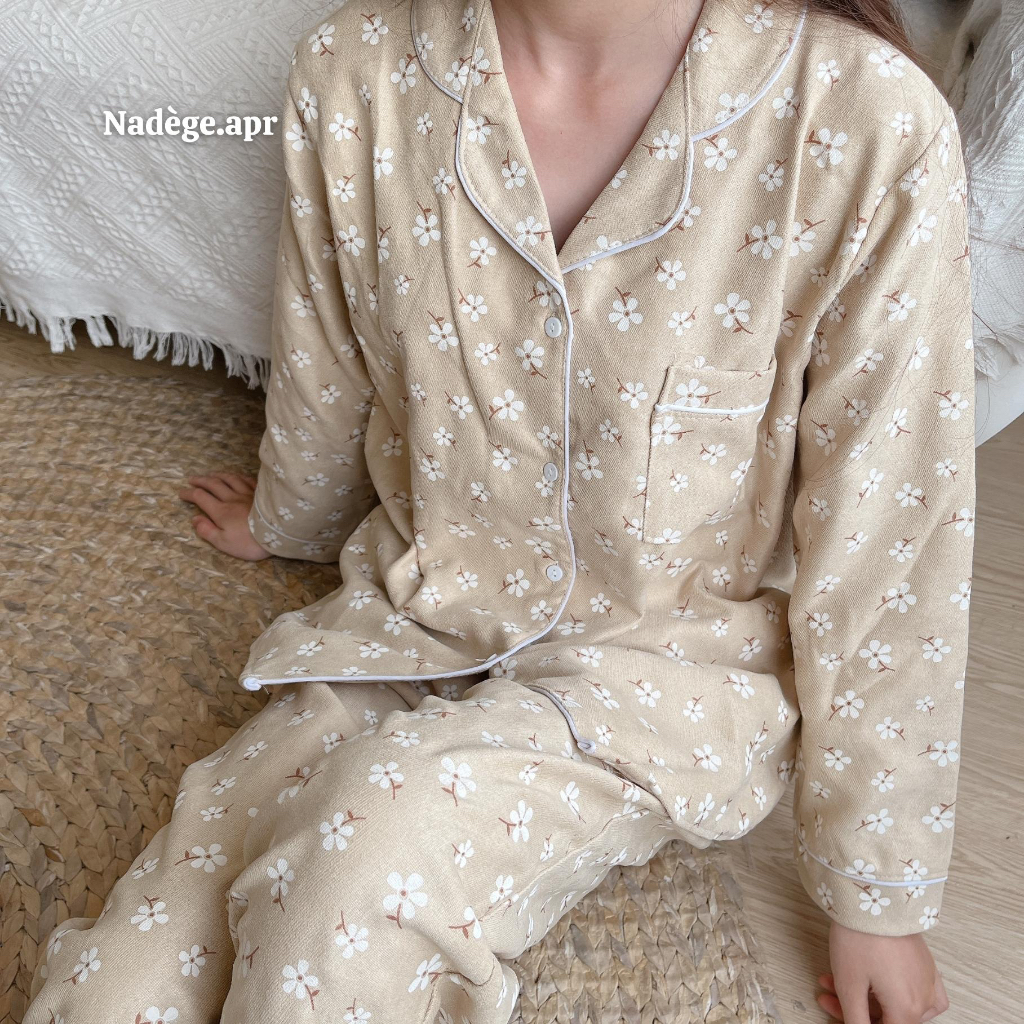 𝐅𝐥𝐨𝐫𝐚𝐥 𝐏𝐲𝐣𝐚𝐦𝐚𝐬 🏵️ Bộ ngủ dài tay thu đông hoa nhí chất vải nhung ấm áp - Nadege.apr