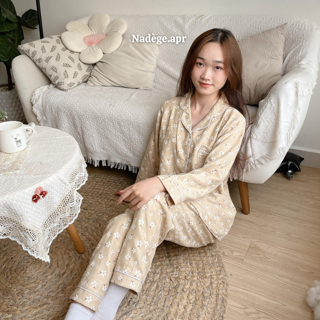 𝐅𝐥𝐨𝐫𝐚𝐥 𝐏𝐲𝐣𝐚𝐦𝐚𝐬 🏵️ Bộ ngủ dài tay thu đông hoa nhí chất vải nhung ấm áp - Nadege.apr