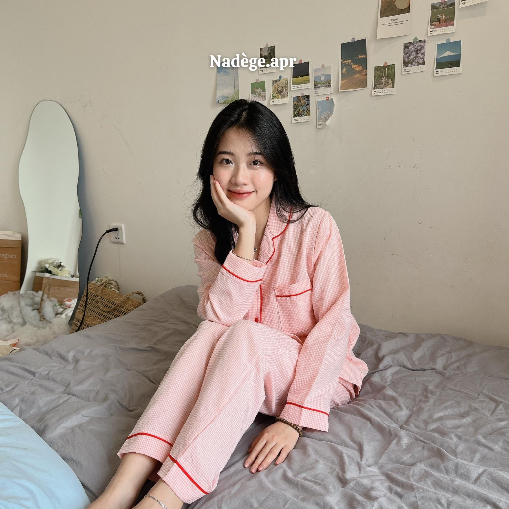 𝐏𝐢𝐧𝐤𝐲 𝐂𝐚𝐫𝐨 𝐏𝐲𝐣𝐚𝐦𝐚𝐬 🍑 Bộ ngủ, pyjamas kẻ caro chất đũi thun mát mẻ, thoáng mát - Nadege.apr