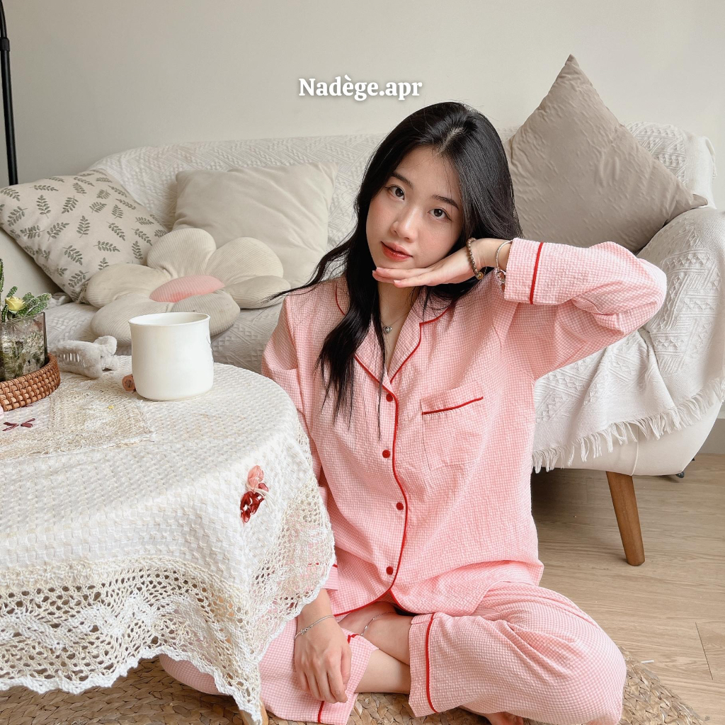 𝐏𝐢𝐧𝐤𝐲 𝐂𝐚𝐫𝐨 𝐏𝐲𝐣𝐚𝐦𝐚𝐬 🍑 Bộ ngủ, pyjamas kẻ caro chất đũi thun mát mẻ, thoáng mát - Nadege.apr
