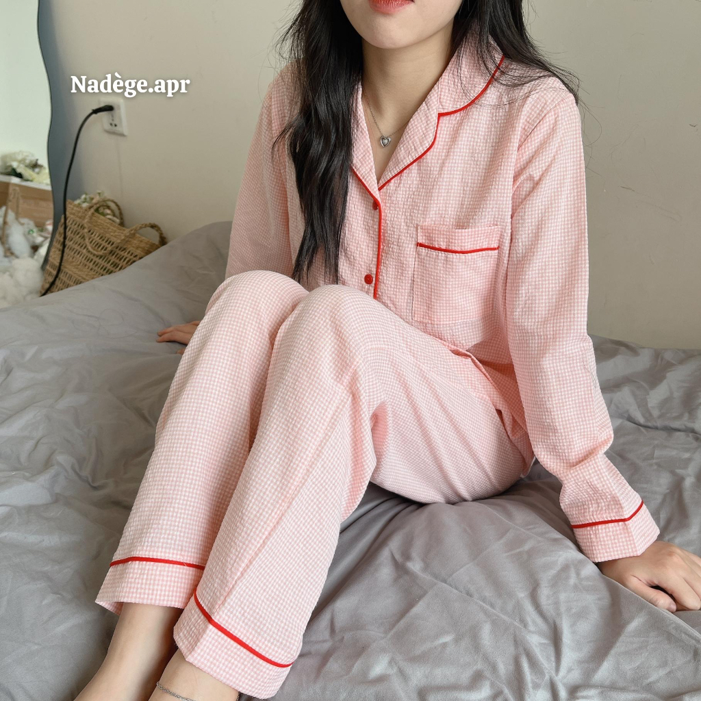 𝐏𝐢𝐧𝐤𝐲 𝐂𝐚𝐫𝐨 𝐏𝐲𝐣𝐚𝐦𝐚𝐬 🍑 Bộ ngủ, pyjamas kẻ caro chất đũi thun mát mẻ, thoáng mát - Nadege.apr