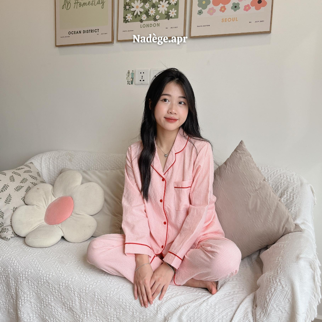 𝐏𝐢𝐧𝐤𝐲 𝐂𝐚𝐫𝐨 𝐏𝐲𝐣𝐚𝐦𝐚𝐬 🍑 Bộ ngủ, pyjamas kẻ caro chất đũi thun mát mẻ, thoáng mát - Nadege.apr