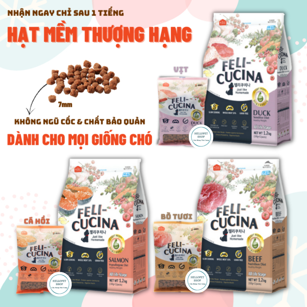 Thức ăn hạt mềm cho chó Feli-Cucina không tinh bột Thịt Bò, Thịt Vịt & Cá hồi Hàn Quốc cho chó trên 3 tháng tuổi kén ăn
