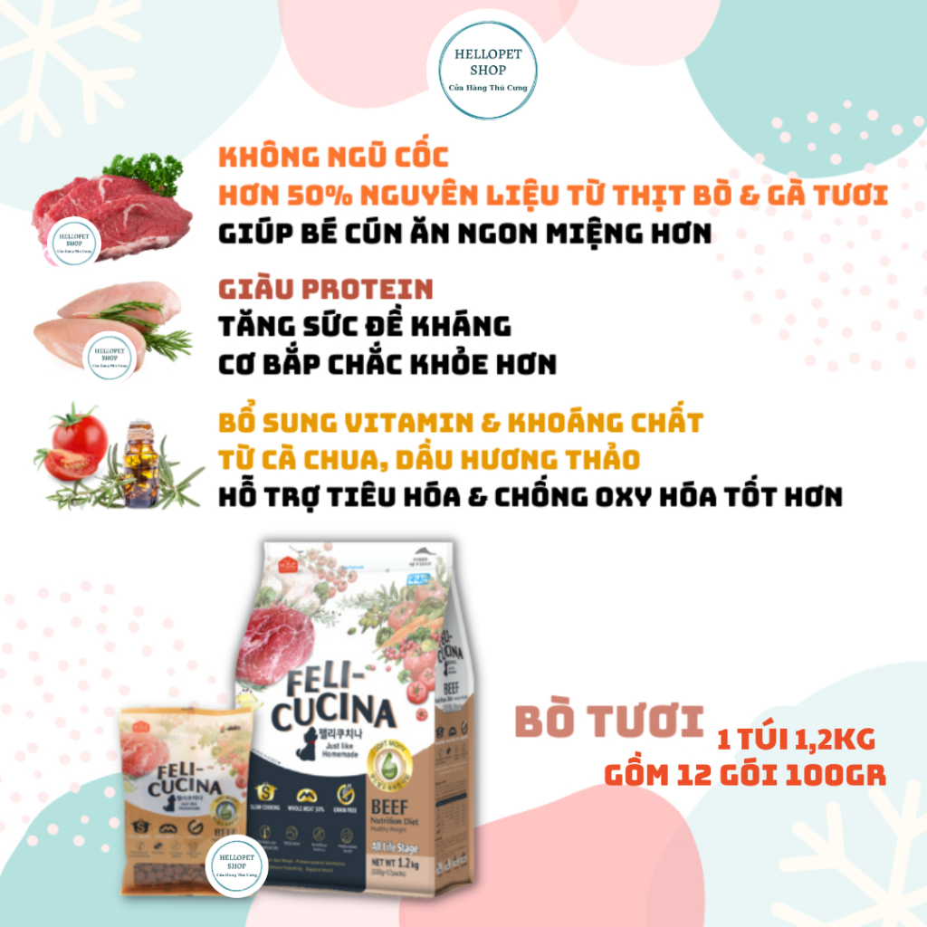 Thức ăn hạt mềm cho chó Feli-Cucina không tinh bột Thịt Bò, Thịt Vịt & Cá hồi Hàn Quốc cho chó trên 3 tháng tuổi kén ăn