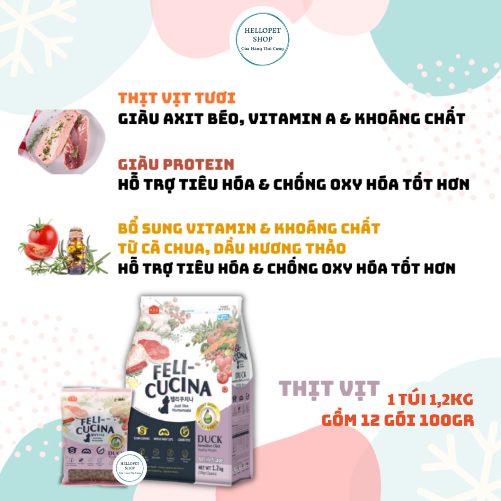 Thức ăn hạt mềm cho chó Feli-Cucina không tinh bột Thịt Bò, Thịt Vịt & Cá hồi Hàn Quốc cho chó trên 3 tháng tuổi kén ăn