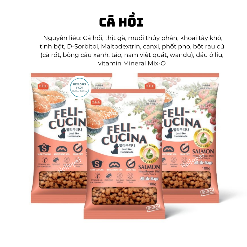 Thức ăn hạt mềm cho chó Feli-Cucina không tinh bột Thịt Bò, Thịt Vịt & Cá hồi Hàn Quốc cho chó trên 3 tháng tuổi kén ăn