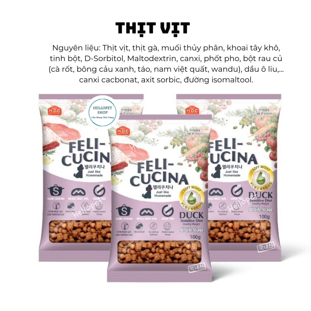 Thức ăn hạt mềm cho chó Feli-Cucina không tinh bột Thịt Bò, Thịt Vịt & Cá hồi Hàn Quốc cho chó trên 3 tháng tuổi kén ăn