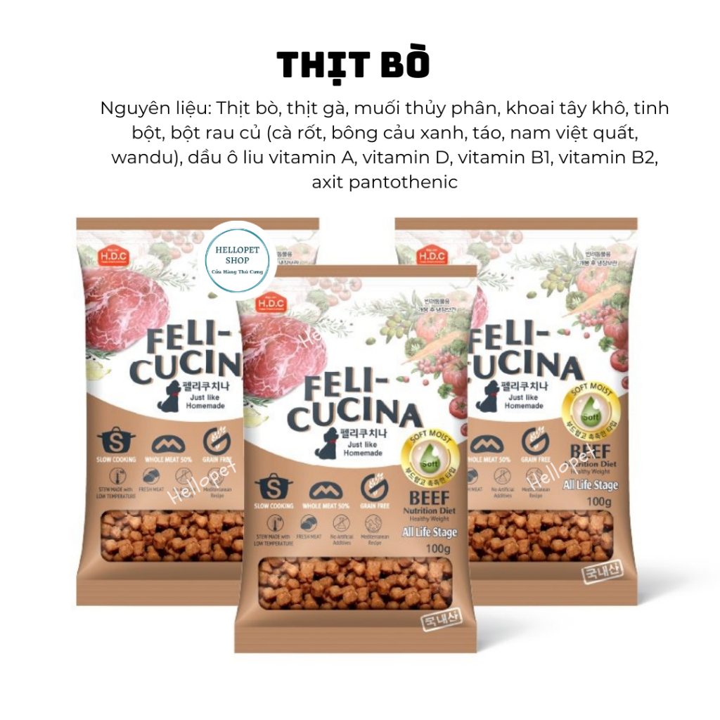 Thức ăn hạt mềm cho chó Feli-Cucina không tinh bột Thịt Bò, Thịt Vịt & Cá hồi Hàn Quốc cho chó trên 3 tháng tuổi kén ăn