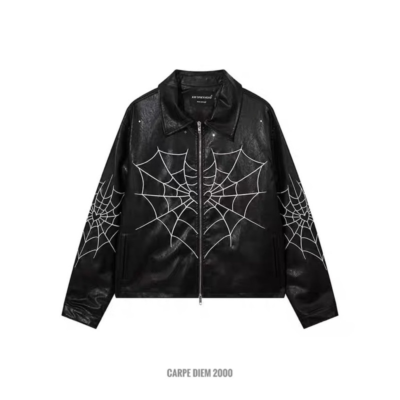 Web Of Love Leather Jacket - Áo khoác da unisex nam nữ thêu hình màng nhện phong cách streetwear goth