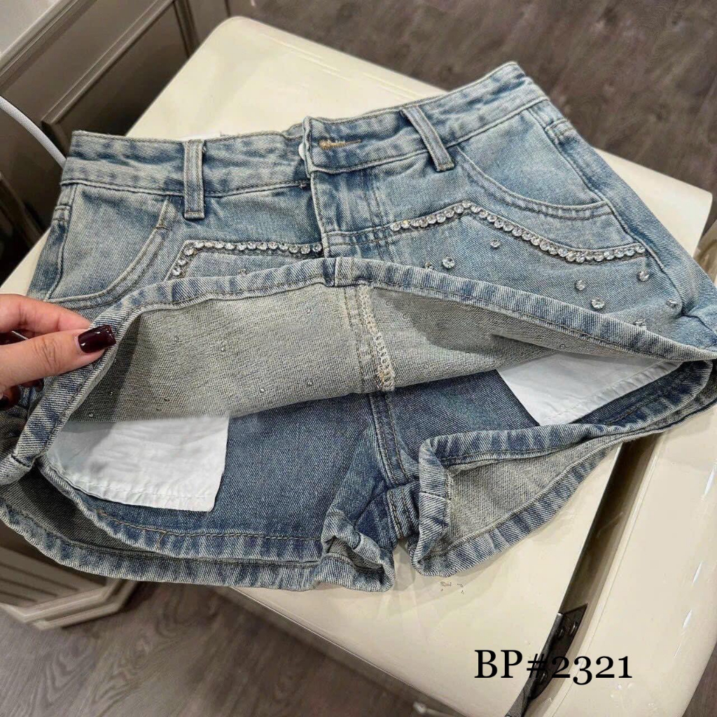 Chân váy ngắn jeans, quần giả váy đính đá Quảng Châu Cao Cấp loại 1