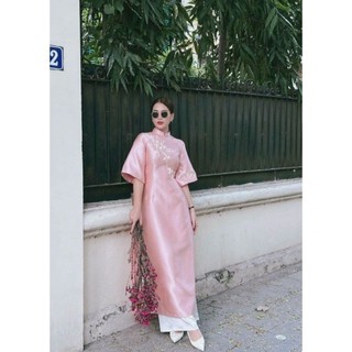 Áo dài nữ 💝FREESHIP💝 Áo dài tpata lụa màu hồng siêu xinh kết hoa