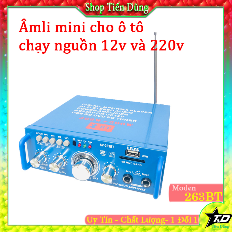 Amply mini AV 263BT có bluetooth - Amli mini điện 12v 220v hát karaoke công suất 200w có sẵn echo tích hợp khá tiện dụng