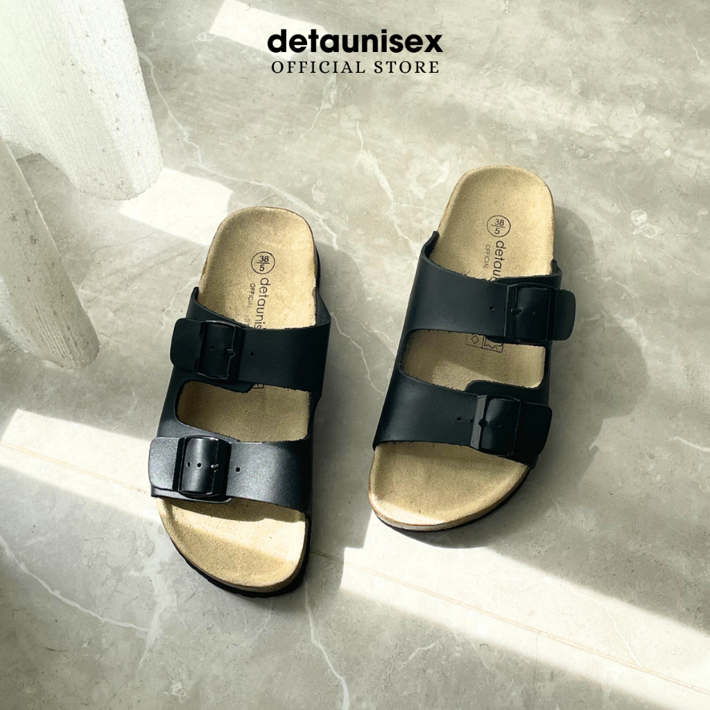 Giày dép đế trấu nam nữ quai ngang da bò thật 2 khóa Detaunisex thời trang cao cấp Birken - màu Nâu Bò - DEBO21N
