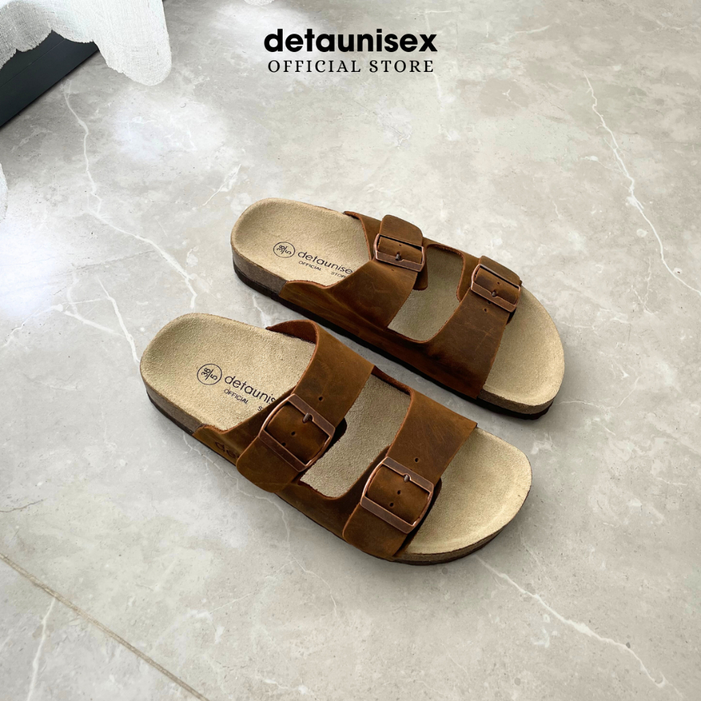 Giày dép đế trấu nam nữ quai ngang da bò thật 2 khóa Detaunisex thời trang cao cấp Birken - màu Nâu Bò - DEBO21N