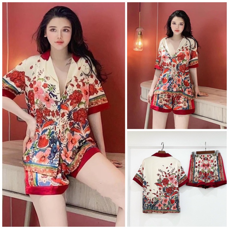 BỘ ĐÙI LỤA QUẢNG CHÂU CAO CẤP CHÙM HOA ĐỎ