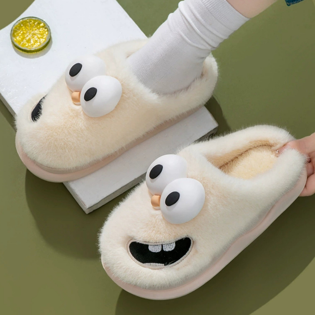 Dép bông mắt to vô tri mùa đông đế cao 3.5cm đi chơi, đi ở nhà chống bám bẩn con mắt dễ thương hot trend 2023