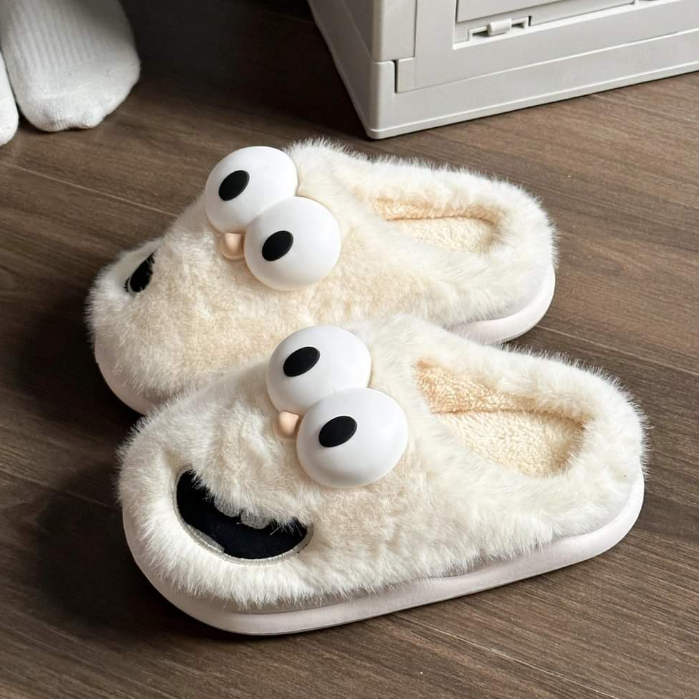 Dép bông mắt to vô tri mùa đông đế cao 3.5cm đi chơi, đi ở nhà chống bám bẩn con mắt dễ thương hot trend 2023