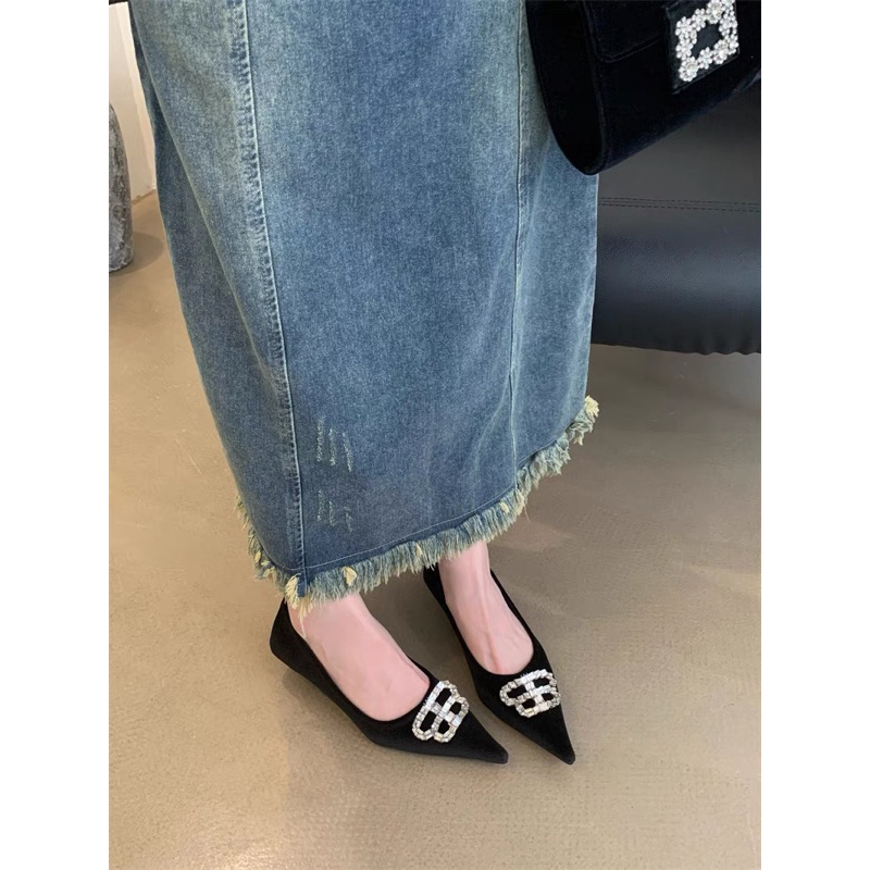 Giày cao gót nhung da lộn cho nữ mũi nhọn đính đá gót cao 3cm