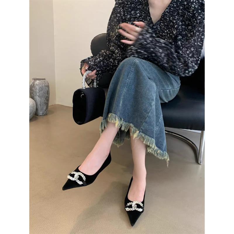 Giày cao gót nhung da lộn cho nữ mũi nhọn đính đá gót cao 3cm