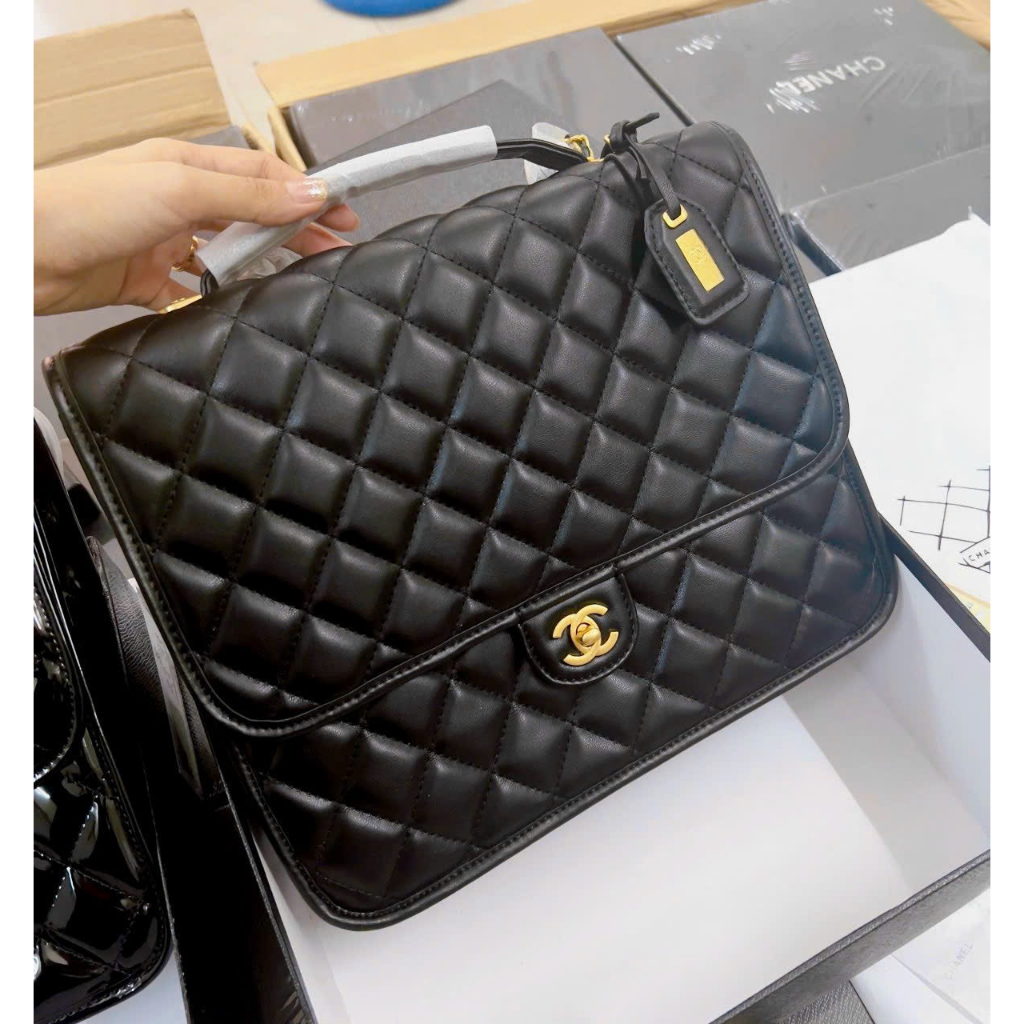 Balo dáng cặp công sở nam nữ unisex 2 trong 1 có quai cầm ô trám da bóng da lì size 30 fullbox super vip Cha nel Smano