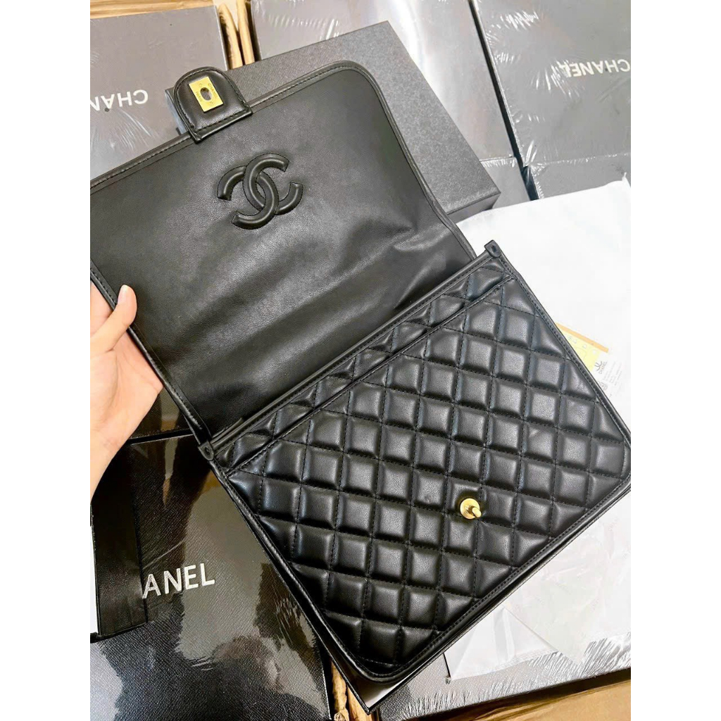 Balo dáng cặp công sở nam nữ unisex 2 trong 1 có quai cầm ô trám da bóng da lì size 30 fullbox super vip Cha nel Smano