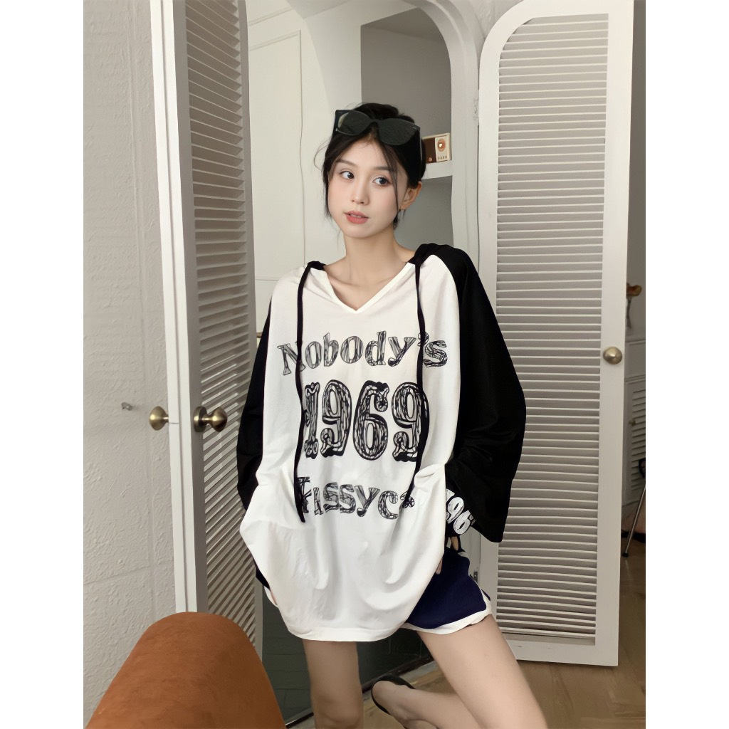 Áo hoodie Nữ, Áo Thun Giấy Nobody 1969 Cổ V Phối màu Siêu Xinh