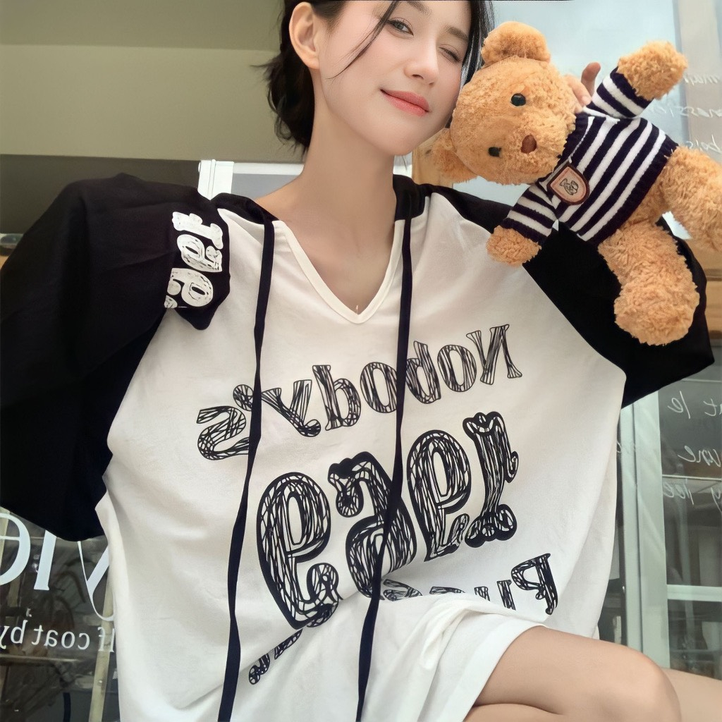 Áo hoodie Nữ, Áo Thun Giấy Nobody 1969 Cổ V Phối màu Siêu Xinh