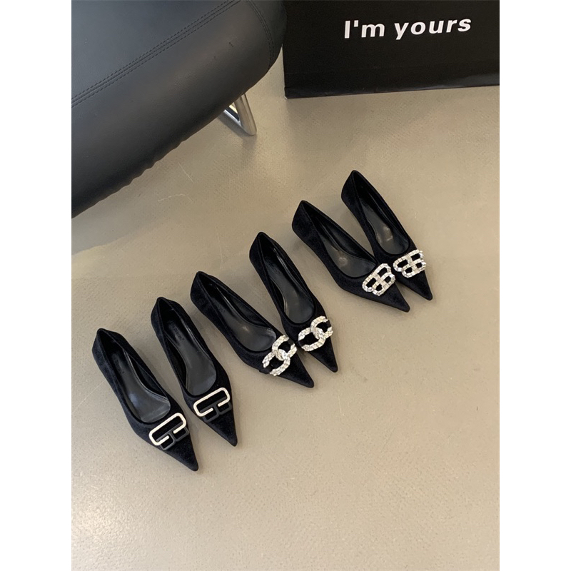 Giày cao gót nhung da lộn cho nữ mũi nhọn đính đá gót cao 3cm