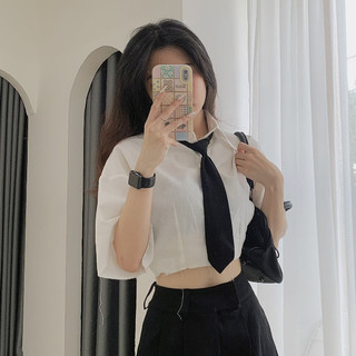 SM3 -  Áo Sơ Mi Croptop Kèm Cà Vạt Tay Lửng Nữ Sinh Học Đường Quay Tóp Tóp