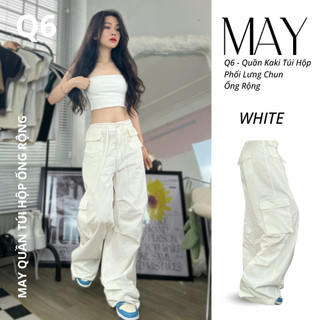 Q6 - Quần Kaki Túi Hộp Phối Lưng Chun Ống Rộng Phong Cách Đường Phố Màu Trắng