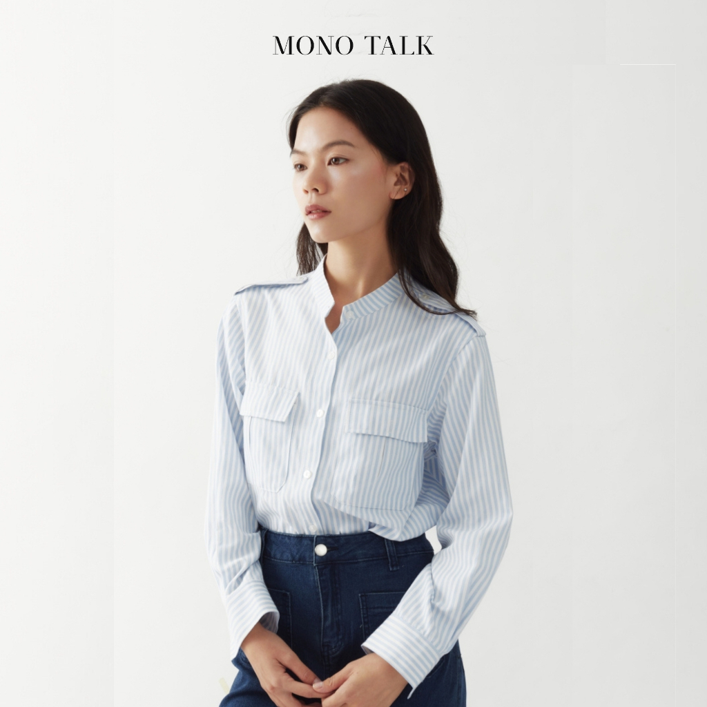Sơ Mi Kẻ Sọc MONO TALK Thiết Kể Cổ Trụ, Túi Nắp Vai Đính Cúc Tinh Tế MOF23S-T10032TK