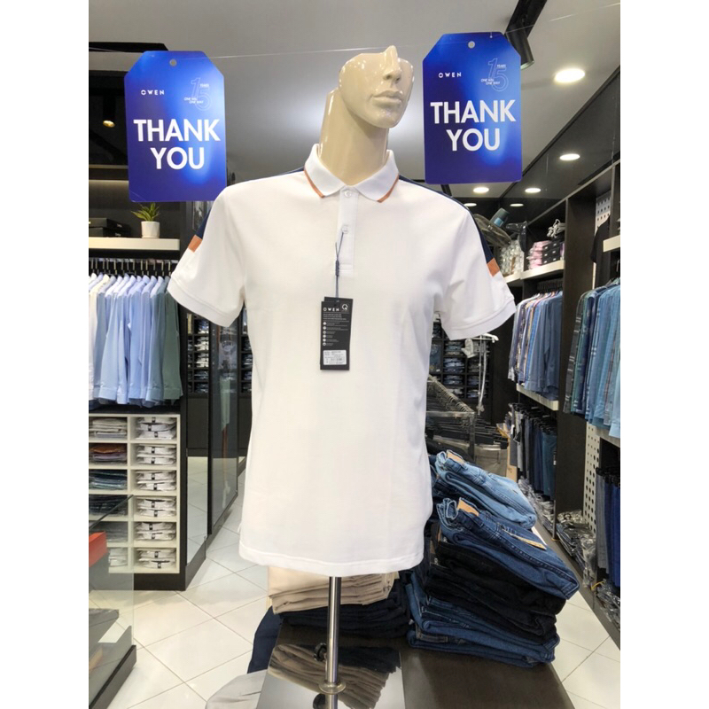Áo polo owen màu trắng kẻ vai body fit vải cotton APV231364