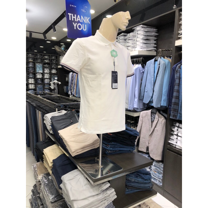 Áo polo owen màu trắng viền tay body fit vải bạc hà cotton APV231313