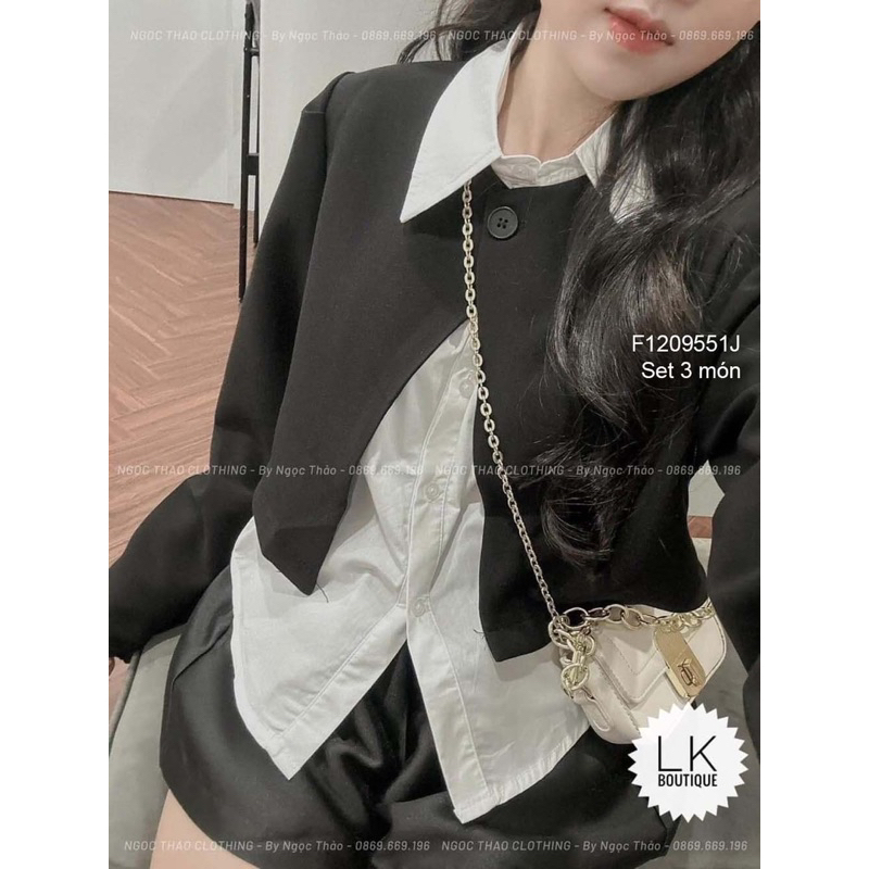 Set áo khoác croptop tay dài phối áo sơ mi trắng kèm quần short