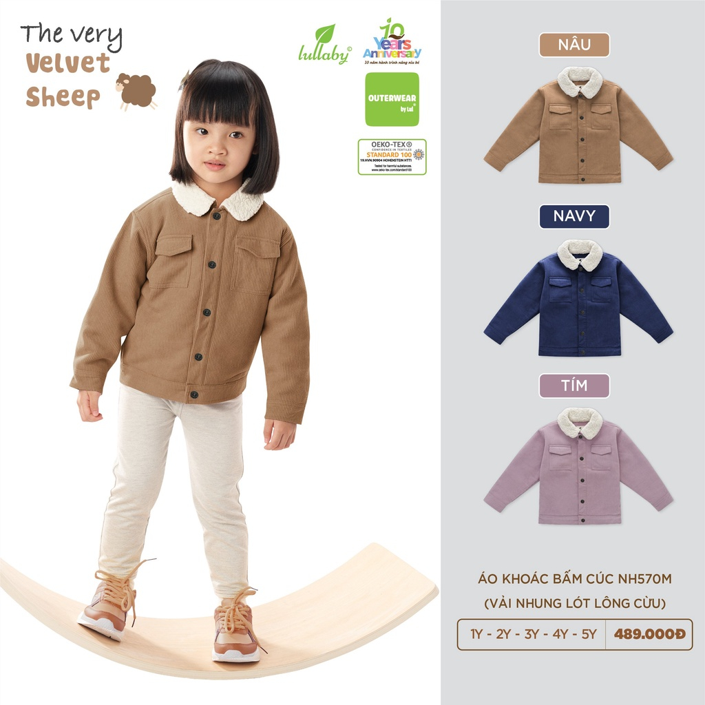 LULLABY- Áo khoác bấm cúc vải nhung lót lông cừu cho bé trai/bé gái NH570M 5.0 22 Đ