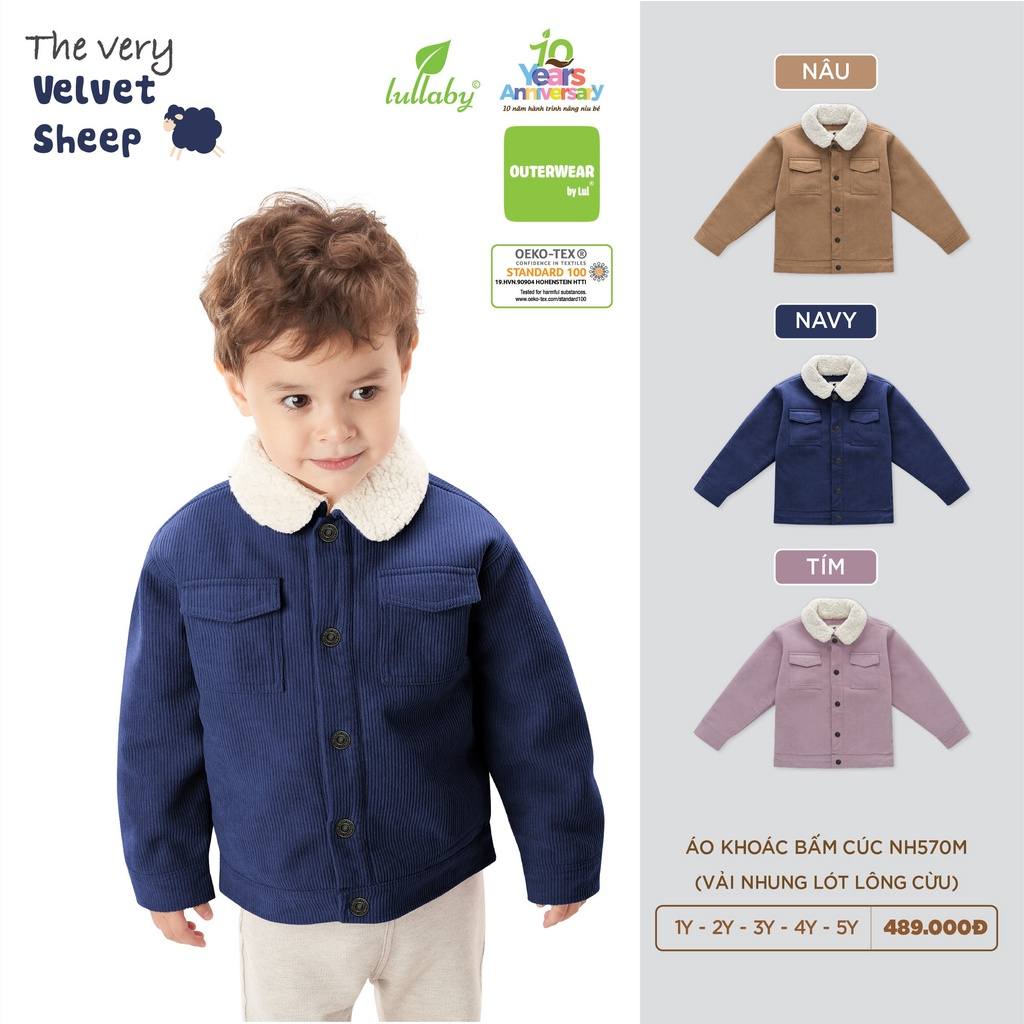 LULLABY- Áo khoác bấm cúc vải nhung lót lông cừu cho bé trai/bé gái NH570M 5.0 22 Đ