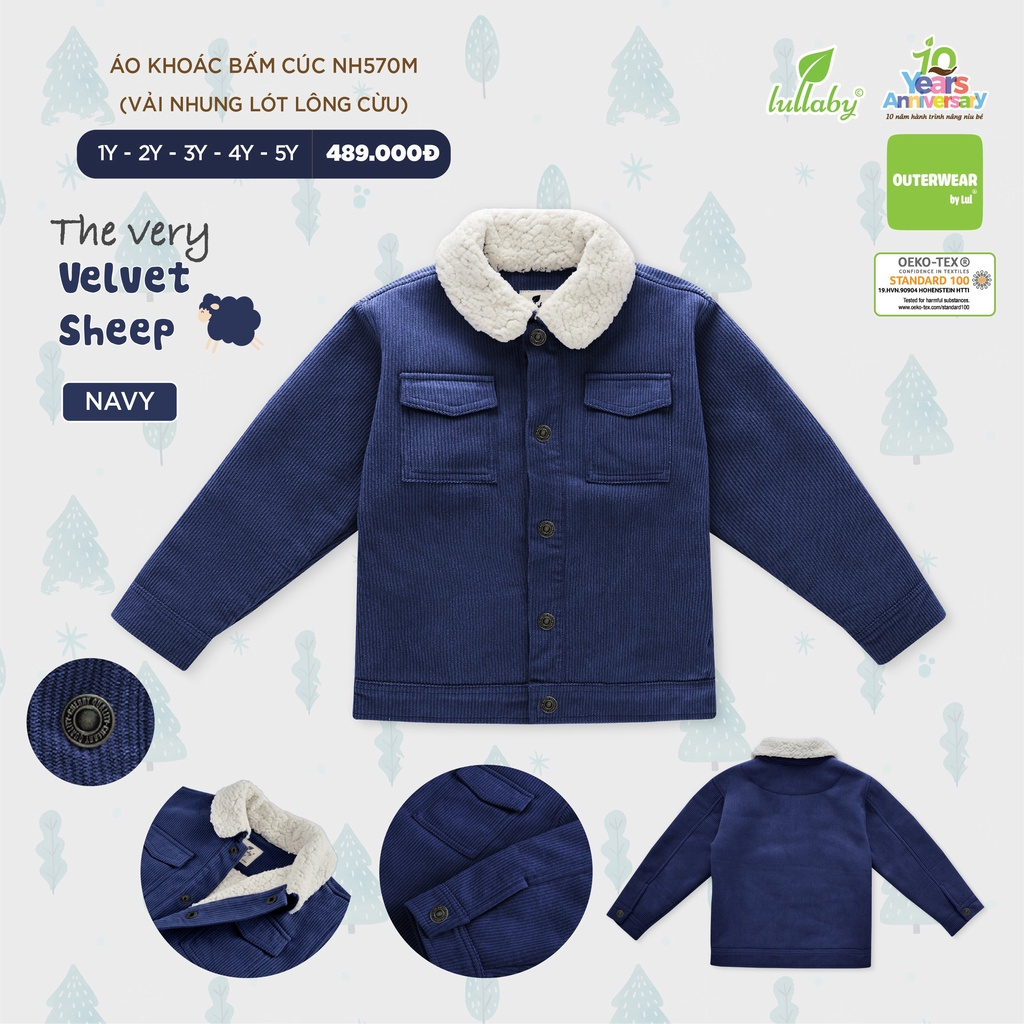 LULLABY- Áo khoác bấm cúc vải nhung lót lông cừu cho bé trai/bé gái NH570M 5.0 22 Đ