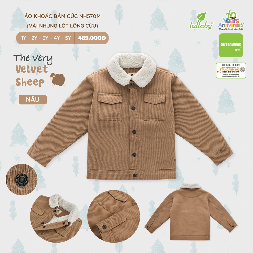 LULLABY- Áo khoác bấm cúc vải nhung lót lông cừu cho bé trai/bé gái NH570M 5.0 22 Đ