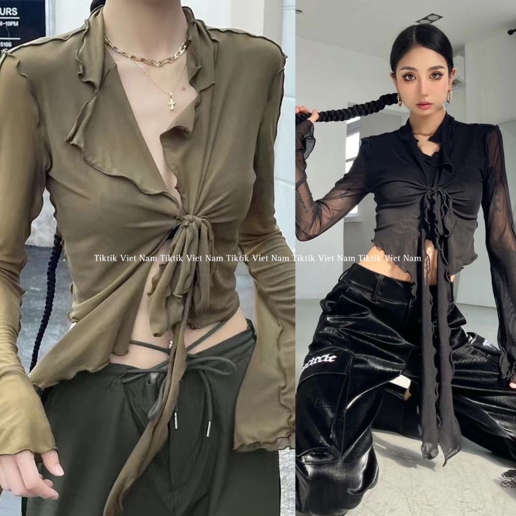 Áo croptop dài tay chất voan lưới viền bèo dây buộc trước ngực độc đáo phong cách cá tính - Tiktik