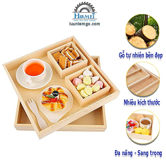 Khay Gỗ Trang Trí Decor Cao 5cm. Mẫu Đẹp, Tinh Tế Dùng Chụp sản phẩm, Đựng Trà. Hình Vuông Và Hình Chữ Nhật. Nhiều Size