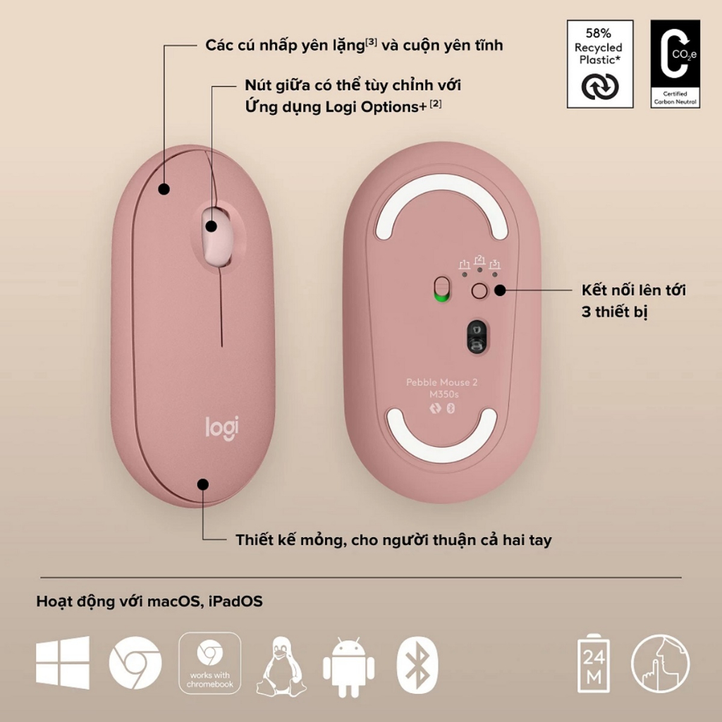 Chuột Bluetooth Logitech Pebble Mouse 2 M350s (Logitech M350s) - Hàng chính hãng
