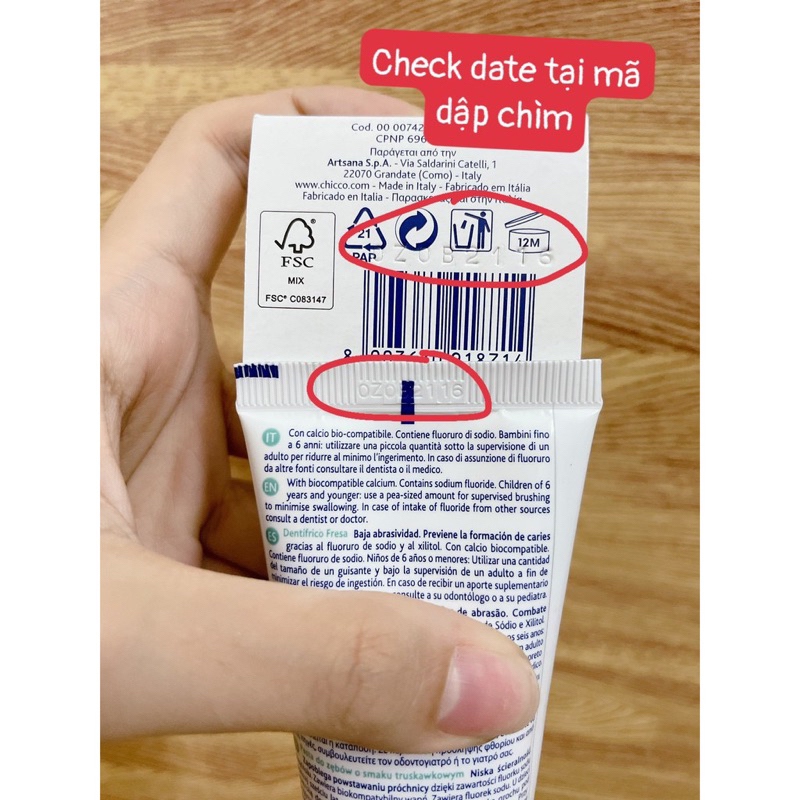 Kem đánh răng chicco cho bé từ 6 tháng CHICCO, nội địa Ý tuýp 50ml. Kem đánh răng nuốt được