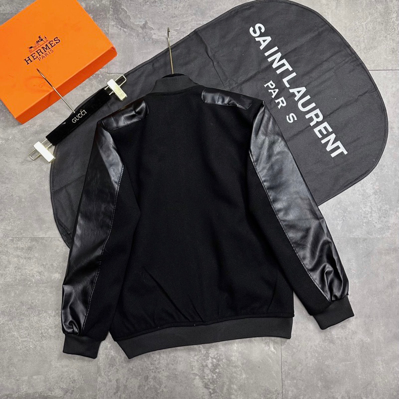 Áo khoác bomber nam nữ SLR vải dạ phối thêu da đen hai bên tay vai lót gió 2 lớp dày dặn boy phố AK36P