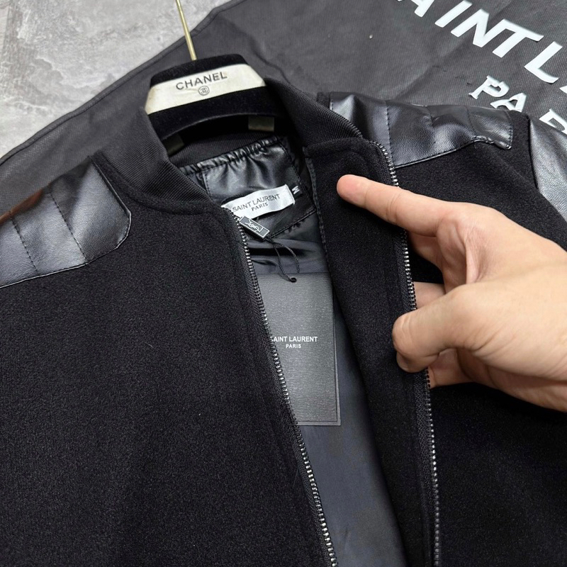 Áo khoác bomber nam nữ SLR vải dạ phối thêu da đen hai bên tay vai lót gió 2 lớp dày dặn boy phố AK36P